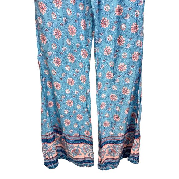 Bohemian Baby Blue Floral Paisley Flare Pants Resortwear Festival Junior's M - Picture 6 of 10